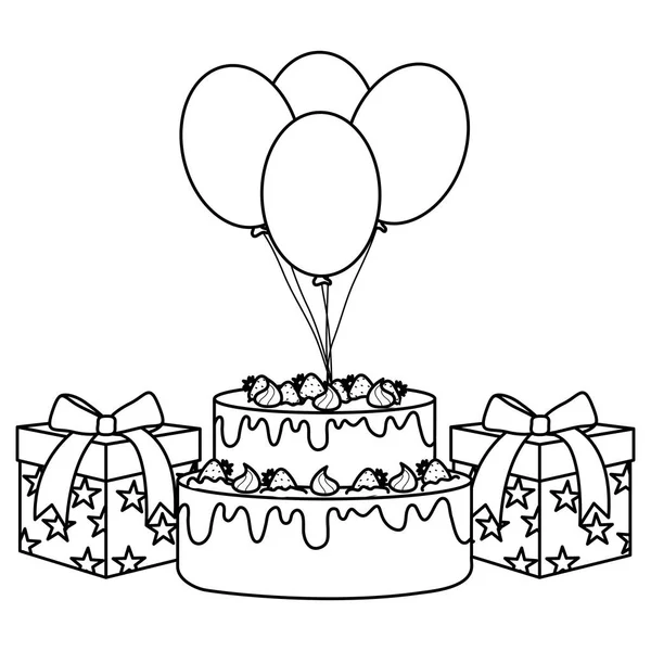 Gift Box met zoete cake en ballonnen helium drijvende — Stockvector