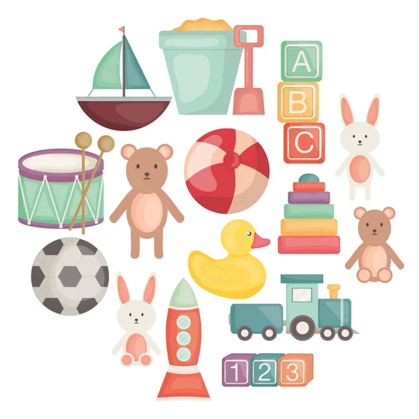 Conjunto de juguetes para bebés iconos de entretenimiento — Vector de stock