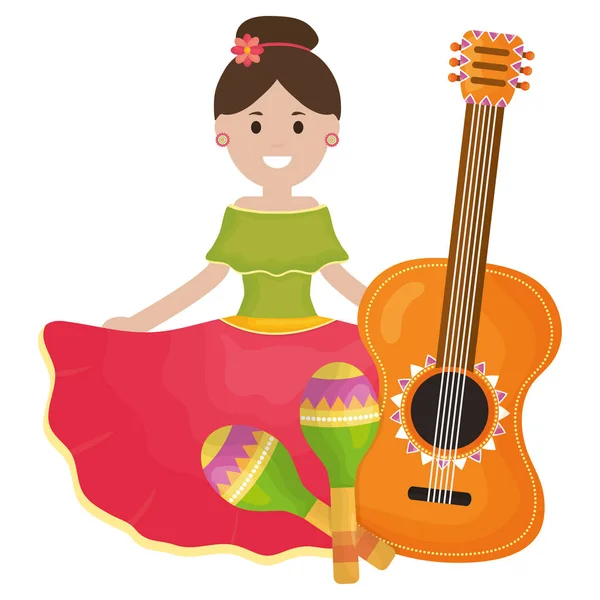 Belle femme mexicaine avec guitare et maracas — Image vectorielle