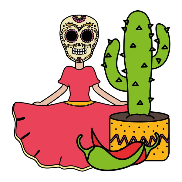 Katrina tradicional con cactus y chile — Vector de stock