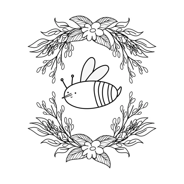 Abeja linda y pequeña con flores de corona — Vector de stock