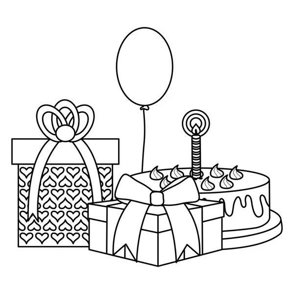 Kotak hadiah dengan kue manis dan balon helium mengambang - Stok Vektor