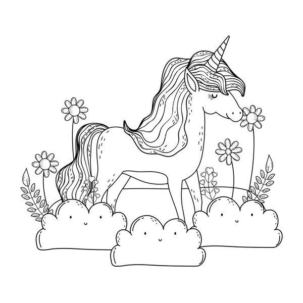 Beautiful little unicorn in the clouds — Stock Vector