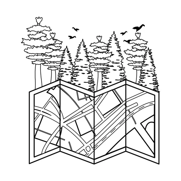 Pinos árboles bosque escena con mapa de papel — Vector de stock