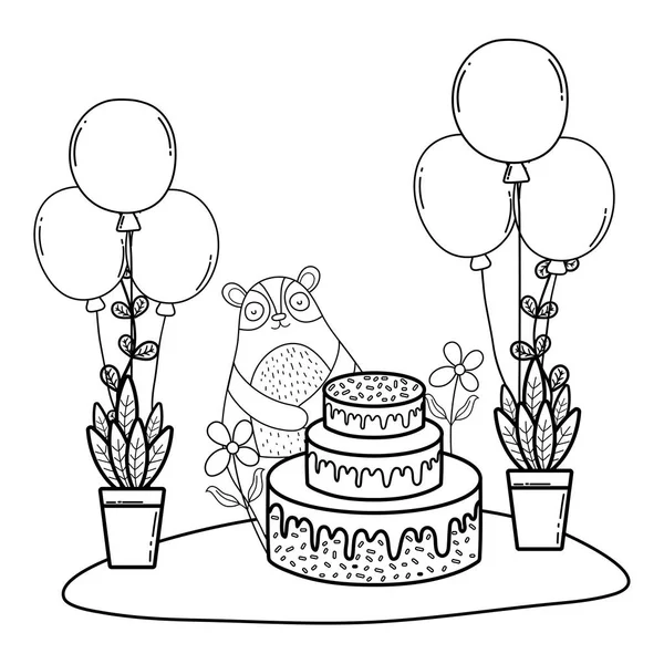 Lindo oso con pastel dulce y globos helio — Vector de stock