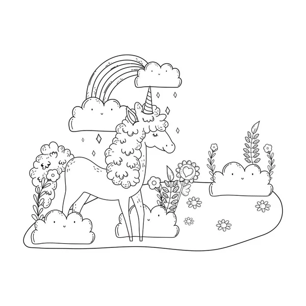 Belle petite licorne avec arc-en-ciel dans le paysage — Image vectorielle
