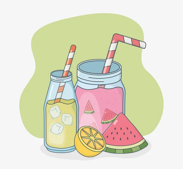 Conjunto de recipientes de copos com sucos de frutas e palhas —  Vetores de Stock