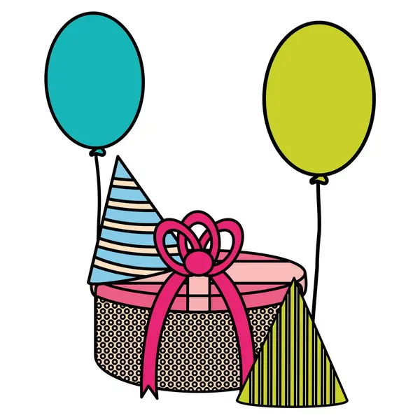 Geschenkbox mit Partyhut und Luftballons Helium schwimmend — Stockvektor