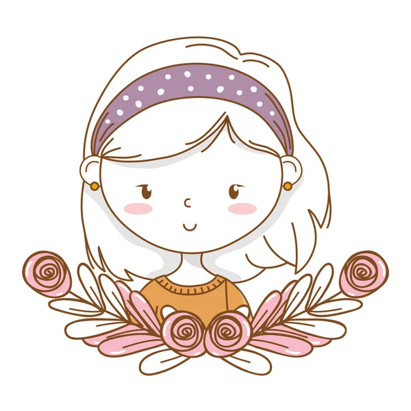 Милая девушка мультфильм стильный наряд портрет цветочный венок рамка — стоковый вектор