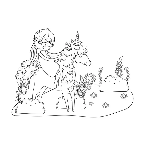 Pequeno unicórnio bonito com princesa na paisagem — Vetor de Stock