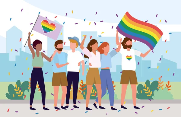 Lgbt la comunidad junto con las banderas del arco iris — Vector de stock