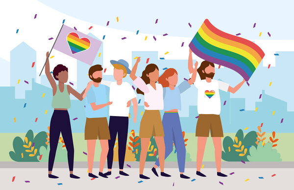 lgbt community together with rainbow flags