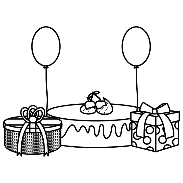Caja de regalo con pastel dulce y globos de helio flotante — Archivo Imágenes Vectoriales