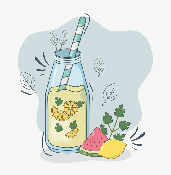 Бутылка сока лимона и арбуза с соломой — стоковый вектор