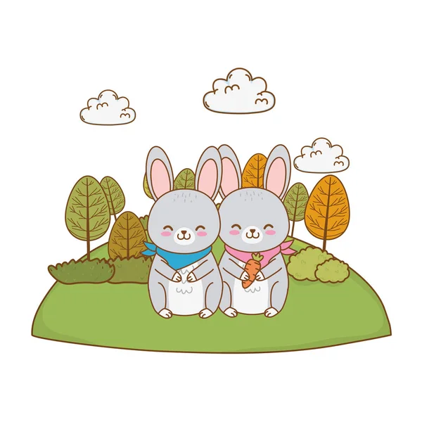 Lindos conejos en el campo caracteres del bosque — Vector de stock