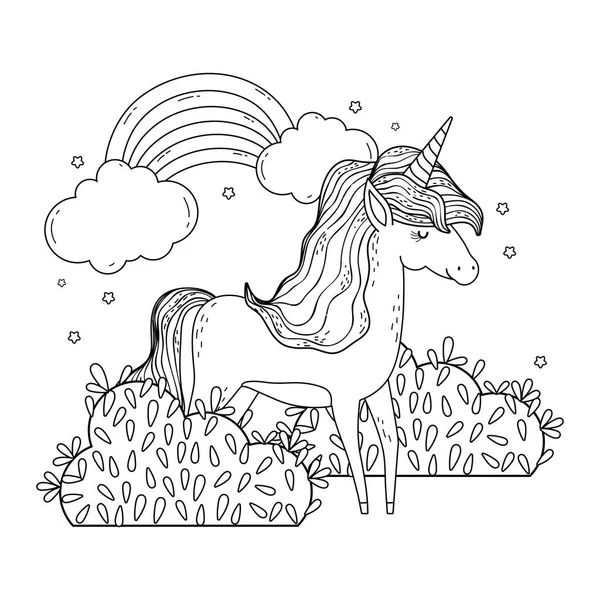 Beautiful little unicorn with rainbow in the landscape — Stock Vector