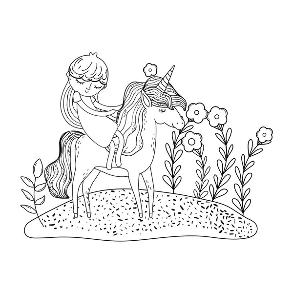 Belle petite licorne avec princesse dans le paysage — Image vectorielle