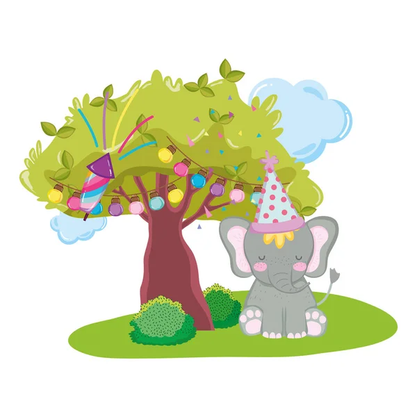 Słodkie i małe słoń z kapeluszem party — Wektor stockowy