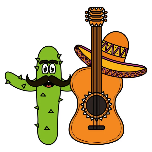 Kaktus meksiko dengan topi dan karakter komik gitar - Stok Vektor