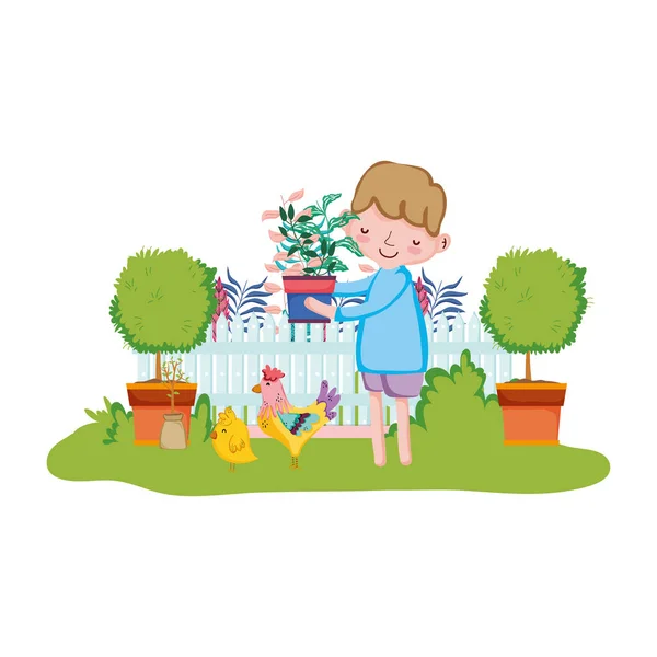 Petit garçon levant plante d'intérieur avec clôture et coq — Image vectorielle