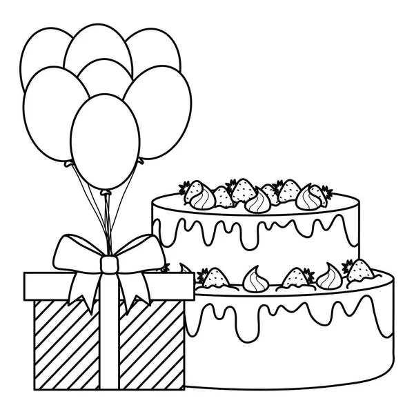 Caja de regalo con pastel dulce y globos de helio flotante — Vector de stock