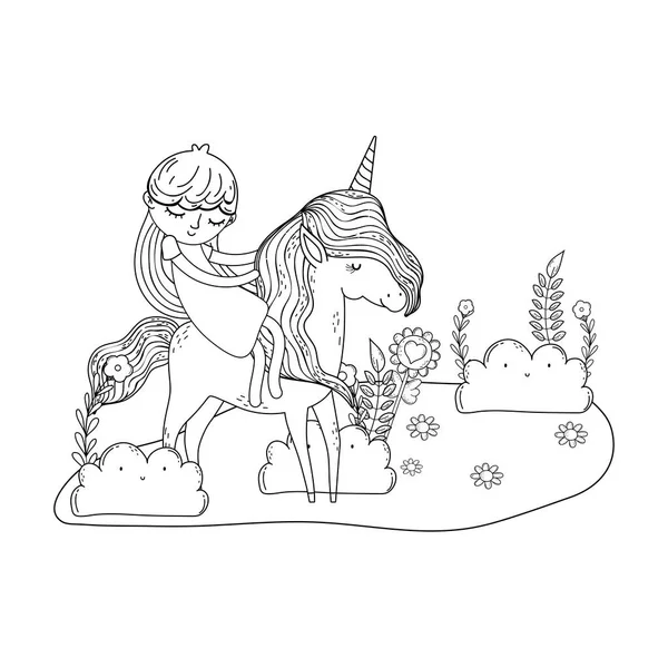Belle petite licorne avec princesse dans le paysage — Image vectorielle