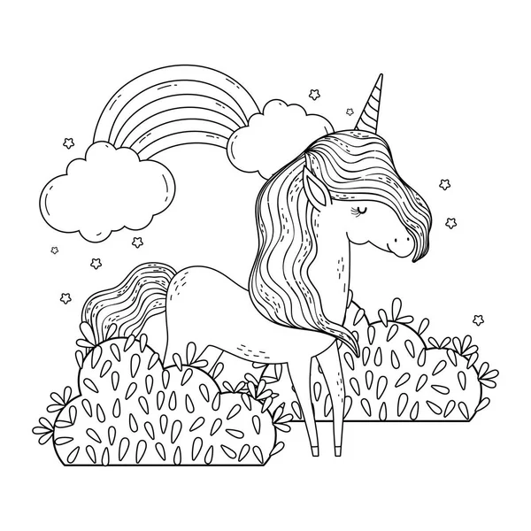 Beautiful little unicorn with rainbow in the landscape — Stock Vector