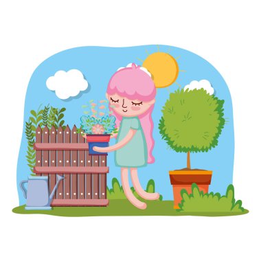 küçük kız ağaç ve çit ile houseplant kaldırma