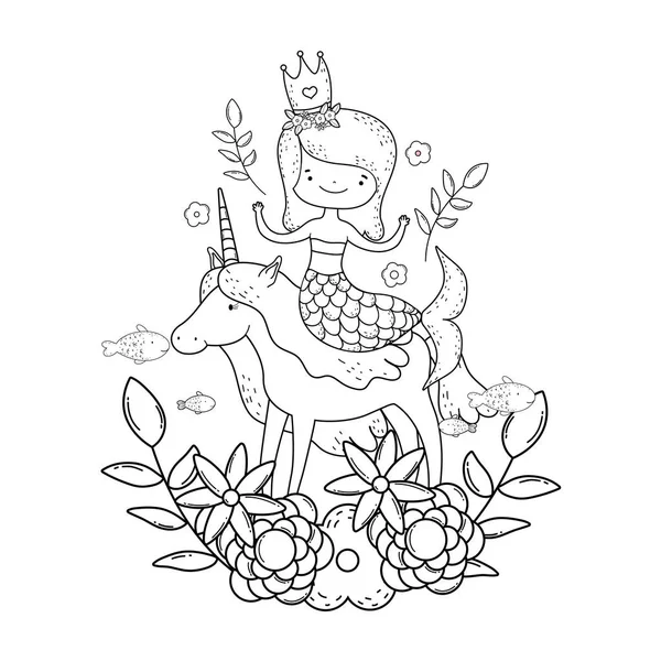 Linda sirena con unicornio y decoración floral — Vector de stock