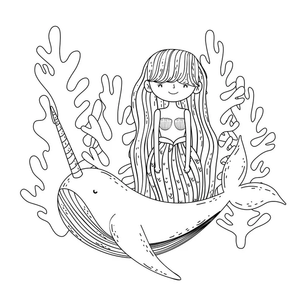 Hermosa sirena con narval personaje de cuento de hadas — Archivo Imágenes Vectoriales