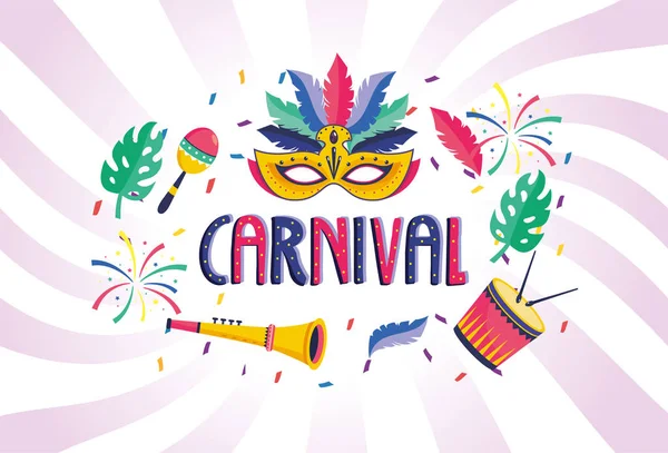 Máscara com tambor e trompete para festa festival — Vetor de Stock
