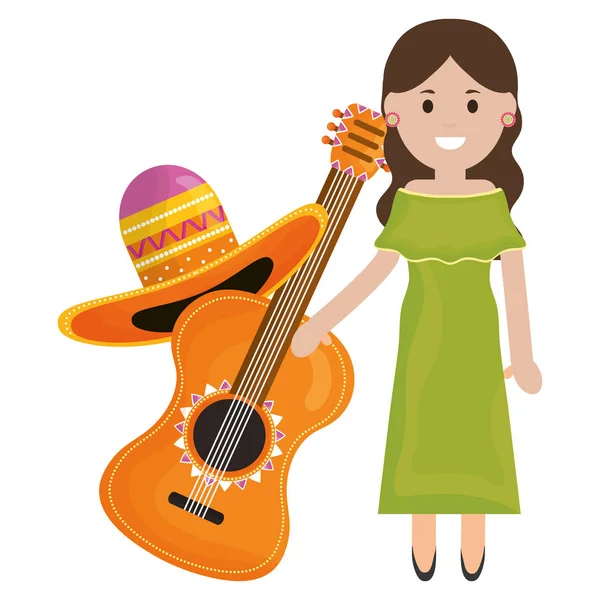 Krásná mexická žena s kloboukem a kytarou — Stockový vektor