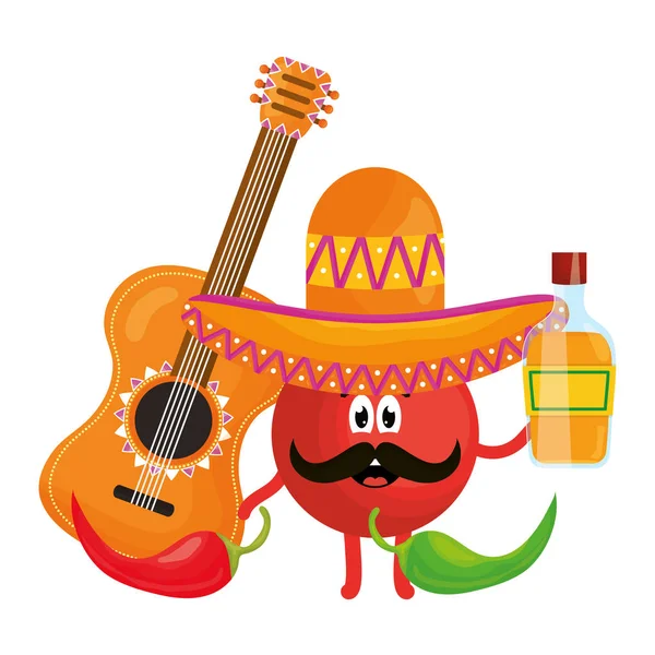 Carácter emoji mexicano con guitarra y chile — Archivo Imágenes Vectoriales