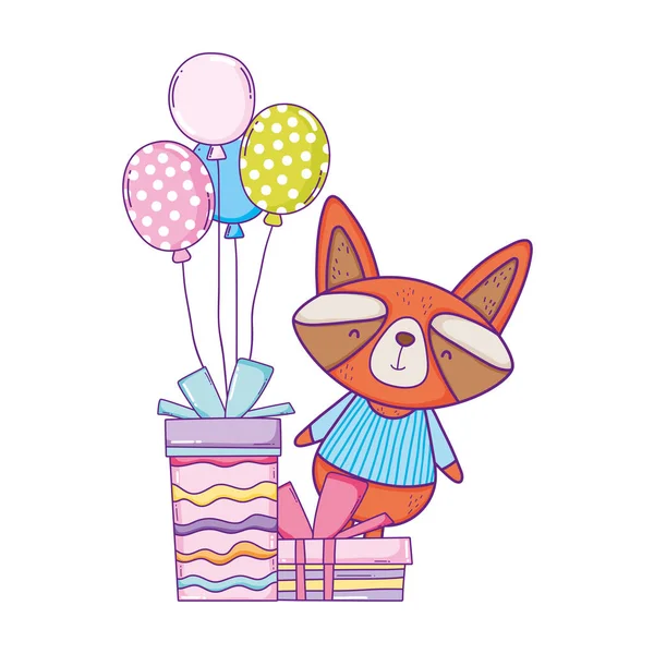 Lindo y pequeño mapache con globos y regalos — Vector de stock