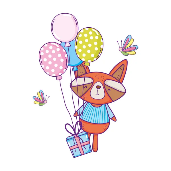 Lindo y pequeño mapache con globos y regalos — Vector de stock