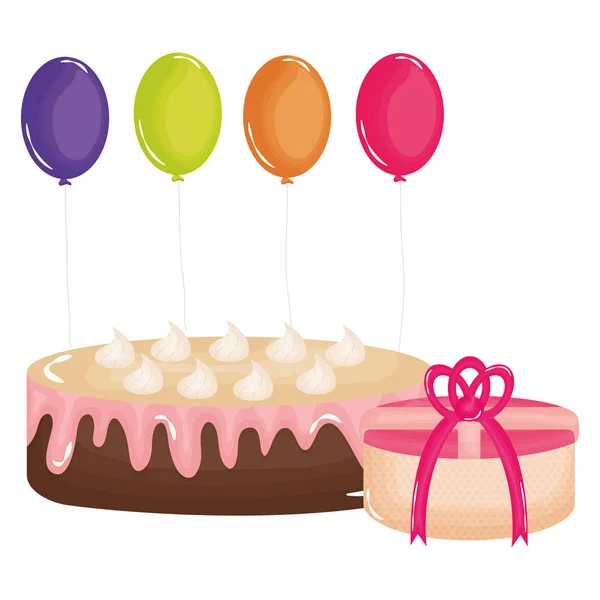 Gift box with sweet cake and balloons helium floating — Stock Vector