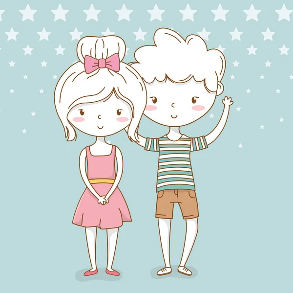 Beautiful little kids couple with dotted background — Stock Vector