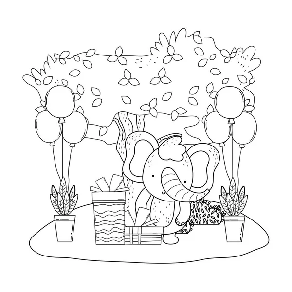 Elefante con regalos y globos helio en el campo — Vector de stock