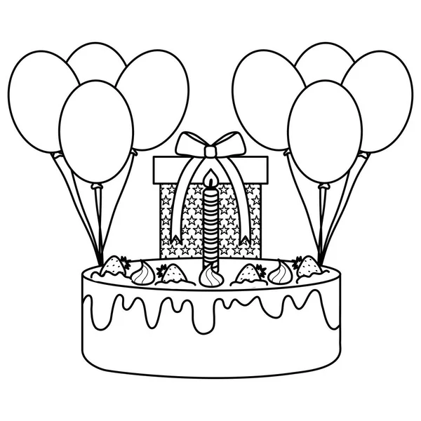 Caixa de presente com bolo doce e balões de hélio flutuante —  Vetores de Stock