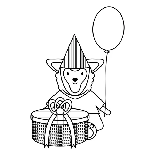 Hermoso cordero con caja de regalo y helio globo en fiesta de cumpleaños — Vector de stock
