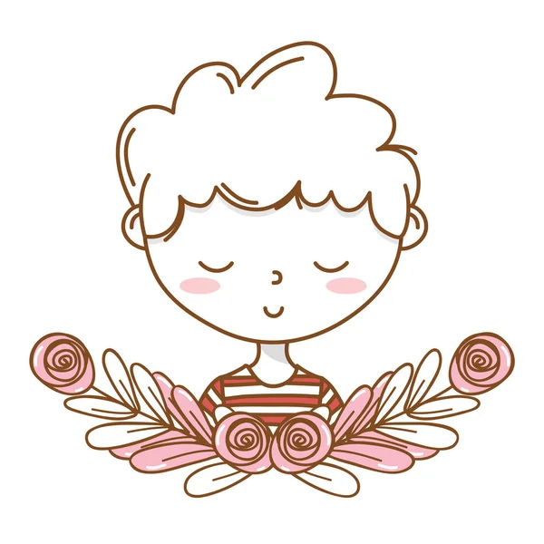 Elegante menino desenho animado roupa retrato floral coroa moldura —  Vetores de Stock