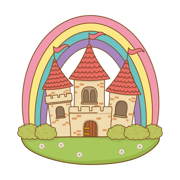 Сказочный замок с радугой в поле — стоковый вектор