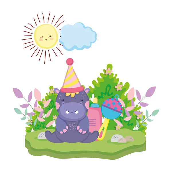 Mignon et petit personnage hippopotame avec chapeau de fête — Image vectorielle