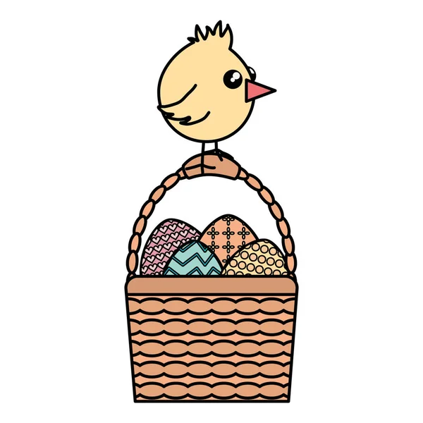 Kleine chick met eieren geschilderd in mand Pasen — Stockvector