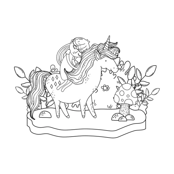 Hermoso unicornio con princesa en el paisaje — Vector de stock