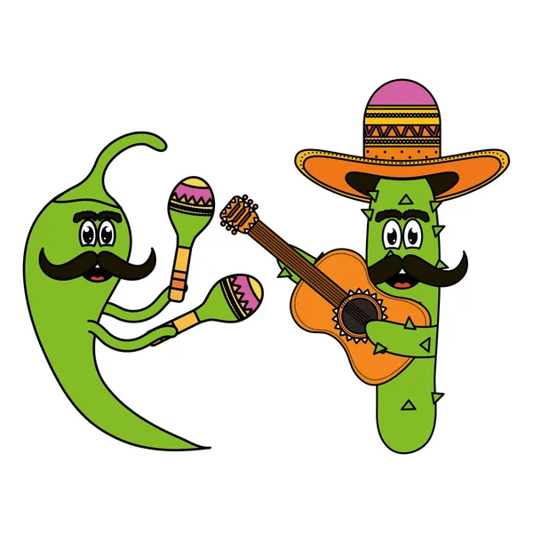 Мексиканский кактус и чили в шляпах и гитарах — стоковый вектор
