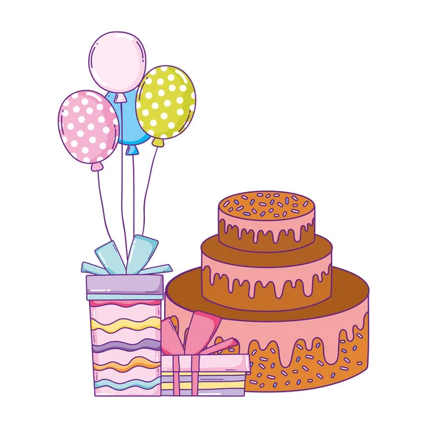Festa bolo doce com presentes e balões de hélio — Vetor de Stock