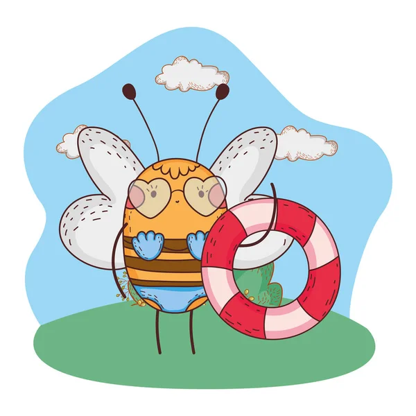 Cute little bee with swimsuit and float in the camp — Stock Vector