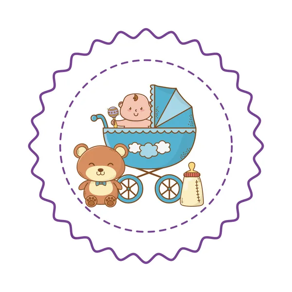 Baby shower sello de etiqueta redonda con dibujos animados — Vector de stock