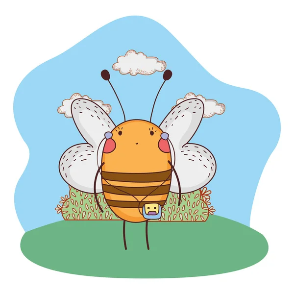 Schattige kleine Bee met Walkman in het kamp — Stockvector